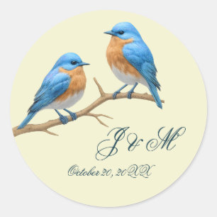 Sticker Rond Ivory Pastel Lovebirds Romantique Bluebirds Mariag