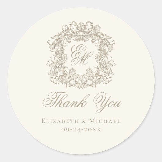 Sticker Rond Ivory Taupe Monogram Wedding Crest Thank You (Devant)