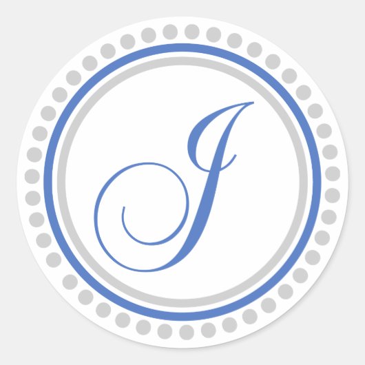 Sticker Rond J Monogramme (bleu/cercle de points d'argent) (Devant)