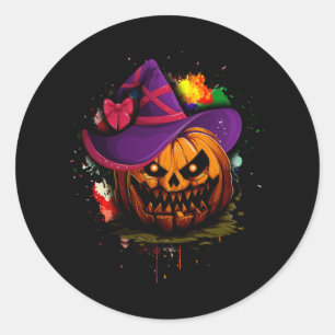 Sticker Rond Jack-o'-lantern Face Citrouille Horreur sorcière H
