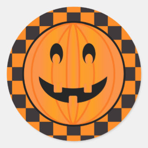 Sticker Rond Jack-o'-lantern, Halloween Citrouille Check Design