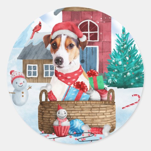 Sticker Rond Jack Russell Chien dans la neige Maison de chien d (Devant)