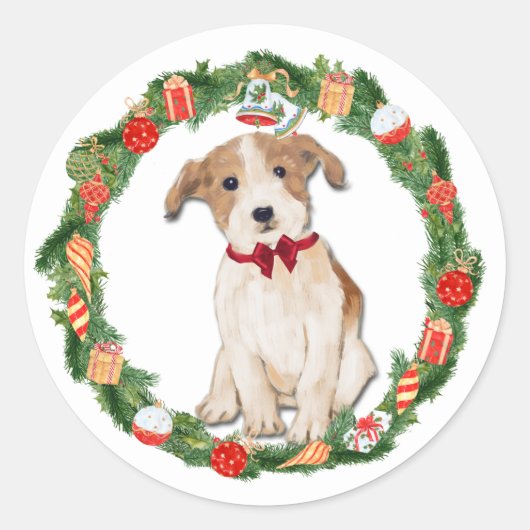 Sticker Rond Jack Russell Terrier Ornement de Noël Couronne (Devant)