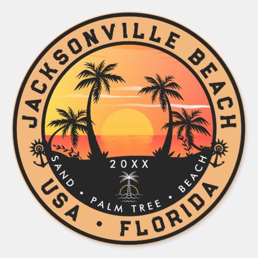 Sticker Rond Jacksonville Beach Floride tropical Retro Sunset (Devant)