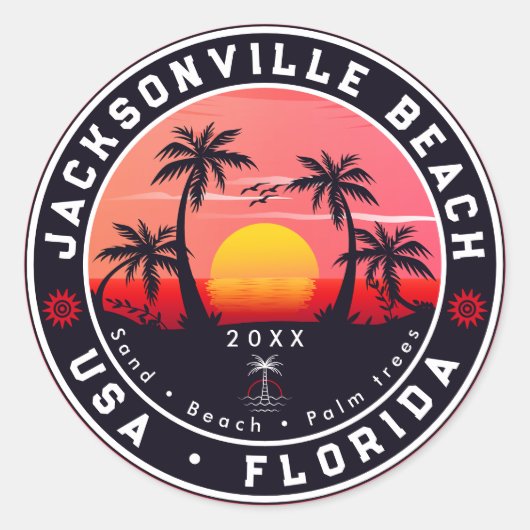 Sticker Rond Jacksonville Beach Floride tropical Retro Sunset (Devant)