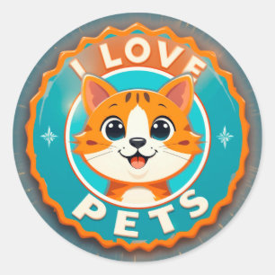 Sticker Rond J'adore les animaux de compagnie chat mignon