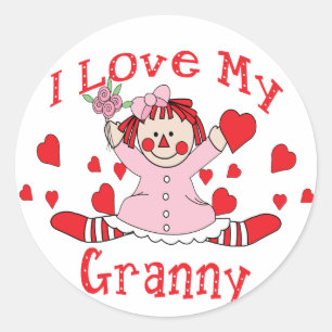 Sticker Rond J'adore My Granny Rag Doll & Hearts