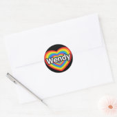 Sticker Rond J'adore Wendy. Je t'aime Wendy. Cœur (Enveloppe)