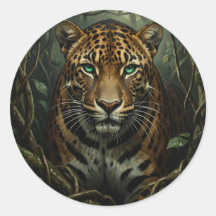 Sticker Rond Jaguar de la jungle aux yeux verts intenses