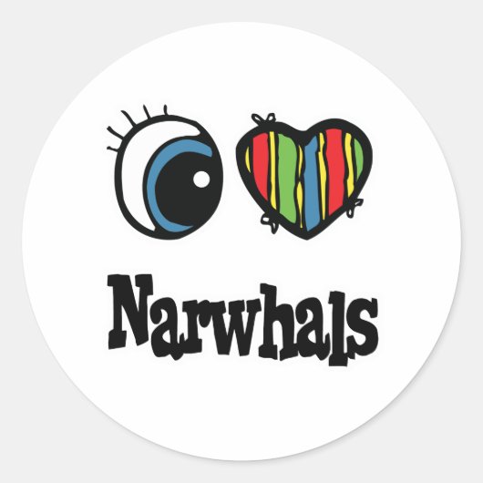 Sticker Rond J'aime (cœur) les narvals (Devant)