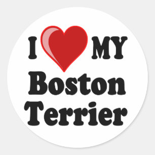Sticker Rond J'aime (coeur) mon chien de Boston Terrier