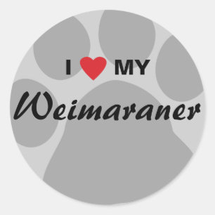 Sticker Rond J'aime (coeur) mon Weimaraner Pawprint