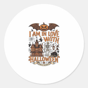 Sticker Rond J'aime Halloween Maison Hantée Squelette Citrouill