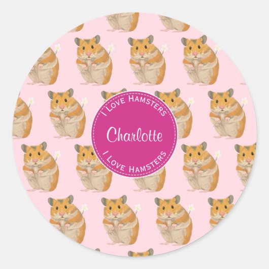 Sticker Rond J'aime Hamsters Motif Hamster Rose (Devant)