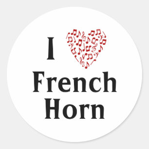 Sticker Rond J'aime le cor français Cœur rouge de notes de musi