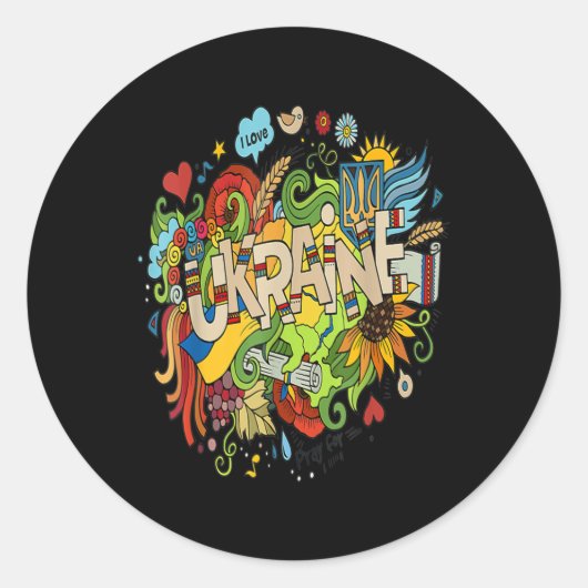 Sticker Rond J'aime le Doodle ukrainien avec le drapeau ukraini (Devant)
