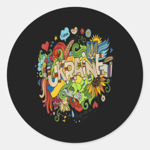Sticker Rond J'aime le Doodle ukrainien avec le drapeau ukraini