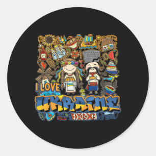 Sticker Rond J'aime le Doodle ukrainien avec le drapeau ukraini