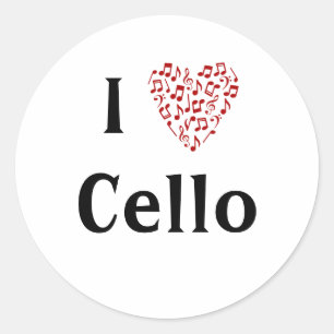 Sticker Rond J'aime le violoncelle Cœur rouge de notes de musiq