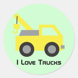 Sticker Rond J'aime les camions, véhicule jaune mignon pour des