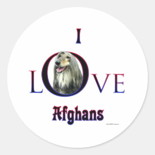 Sticker Rond J'aime les chiens afghans, l'amour afghan, l'amour