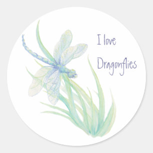 Sticker Rond J'aime les libellules en bleu et vert