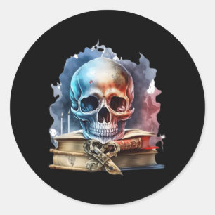 Sticker Rond J'Aime Les Livres Et L'Horreur Crâne Gothique