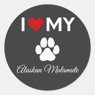 Sticker Rond J'aime mon Alaskan Malamute chien texte personnali