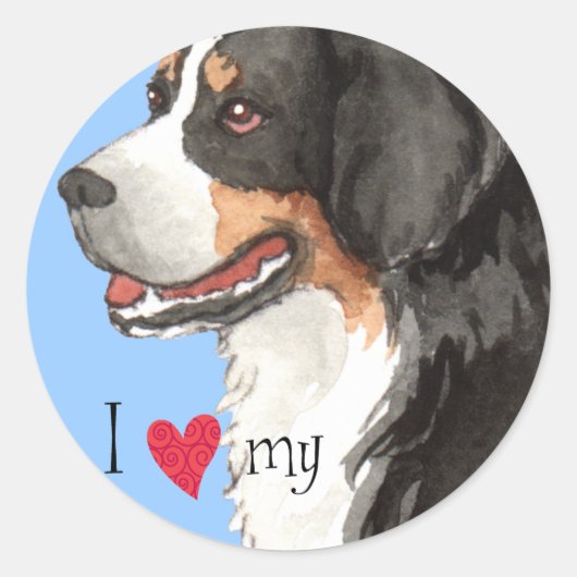 Sticker Rond J'aime mon chien de montagne bernois (Devant)