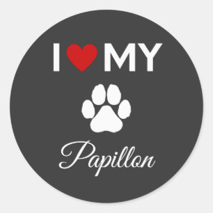 Sticker Rond J'aime mon chien Papillon texte personnalisé