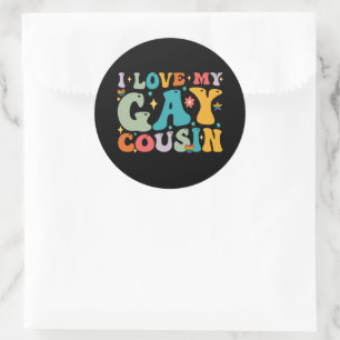 Sticker Rond J'aime mon cousin gay Groovy Rainbow Fierté LGBT
