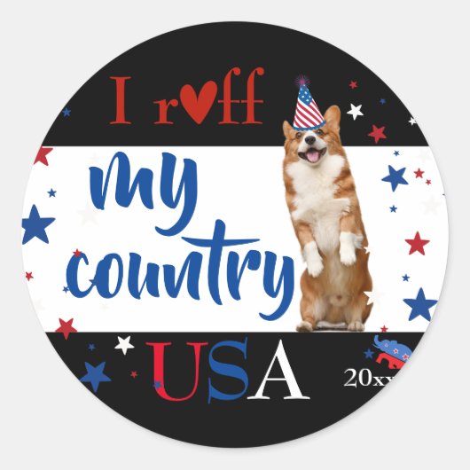 Sticker Rond J'aime mon pays USA corgi chien, (Devant)