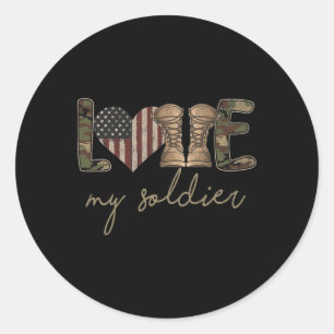 Sticker Rond J'aime mon soldat femme de l'armée militaire camou