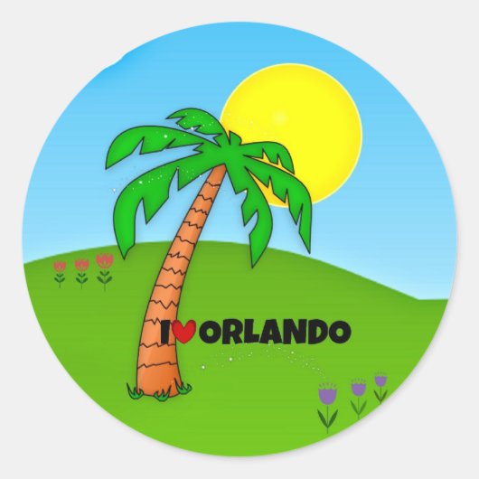 Sticker Rond J'aime Orlando, Palmiers et soleil, (Devant)
