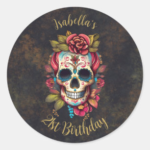 Sticker Rond Jalon du crâne de sucre floral Anniversaire