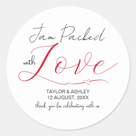 Sticker Rond Jam Packed with Love Minimal Script Mariage (Devant)