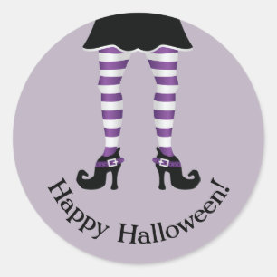 Sticker Rond Jambes de sorcière rayées violettes Texte Joyeux H