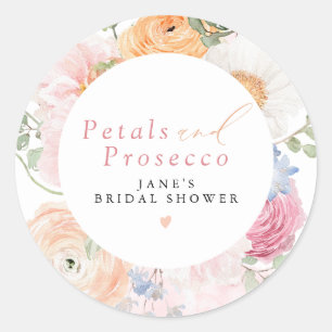 Sticker Rond JANE Blush Floral Petals & Prosecco Baby Shower de