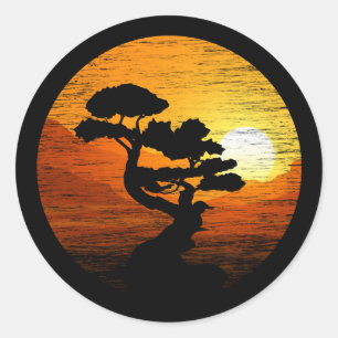Sticker Rond Japanese Sunset Art Nature Japan Bonsai Tree