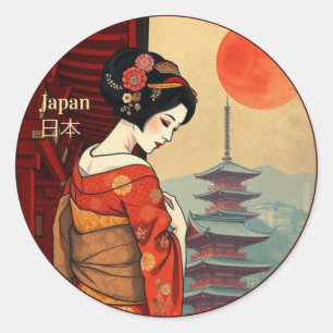 Sticker Rond Japon 日 本 maiko geisha pagoda retro