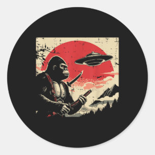 Sticker Rond Japonais Bigfoot Samurai Ufo Sasquatch Vintage