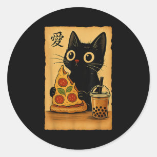Sticker Rond Japonais Kawaii Anime Cat Zza A Tea Cat Manger Zza