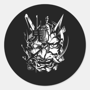 Sticker Rond Japonais Oni Cyberpunk Samurai Fun Techwear