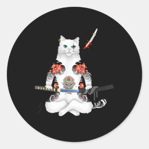 Sticker Rond Japonais Samurai Chat Katana Ninja Yakuza Tattoo