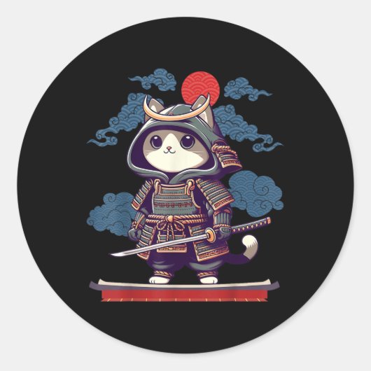 Sticker Rond Japonais Samurai Chat Tattoo Kawaii Ninja Chat Ani (Devant)