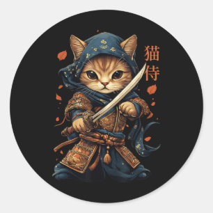 Sticker Rond Japonais Samurai Chat Tattoo Kawaii Ninja Chat Cha