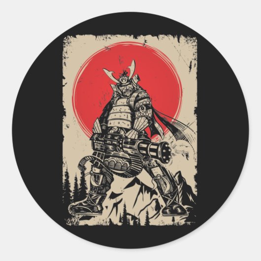 Sticker Rond Japonais Samurai Guerrier avec pistolet (Devant)
