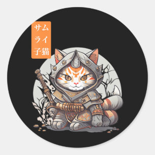 Sticker Rond Japonais Samurai Guerrier Kawaii Chat Anime Lover