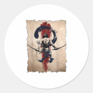 Sticker Rond Japonais Samurai Warrier Retro Vintage