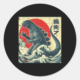 Sticker Rond Japonaise Kaiju Monster Vagues Retro Ukiyo Art Fem